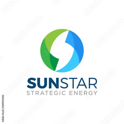 Modern geometric logo for energy business with negative space “S”, overlapping globe shapes, and blue-green color, representing trust, strategy, and environmental innovation.
