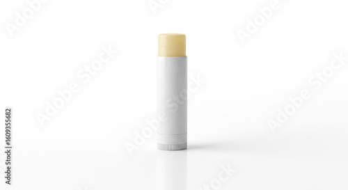 Lip balm stick container with blank label for branding mockup. Isolated on white studio surface.