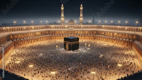 Night view of the Grand Mosque in Mecca, densely populated with pilgrims circling the Kaaba.