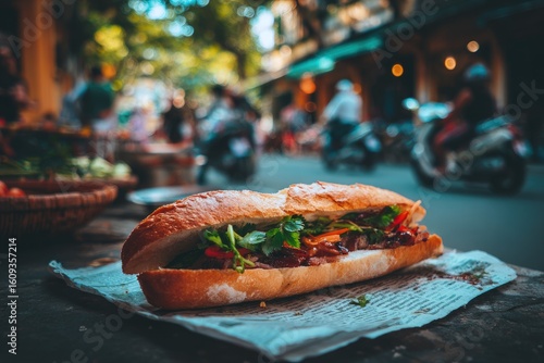 Appetizing Banh Mi on Newsprint with Blurred Street Scene - Warm Tones, Food Photography, Shallow Depth of Field, Vietnamese Cuisine, Authentic, Street Food