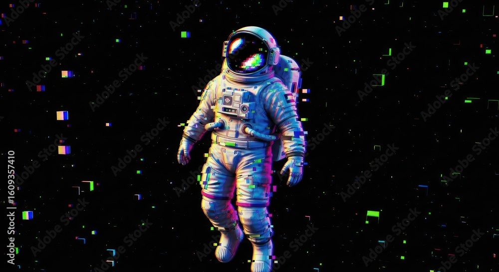 Fototapeta premium Astronaut floating in space with digital glitch effect