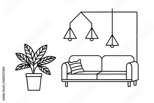 Room With Hanging Planter Shelf And Sleek Stand