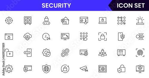 Security vector line icons featuring locks, shields, keys, cameras, alarms, passwords, guards, access control, protection, and surveillance technology symbols.