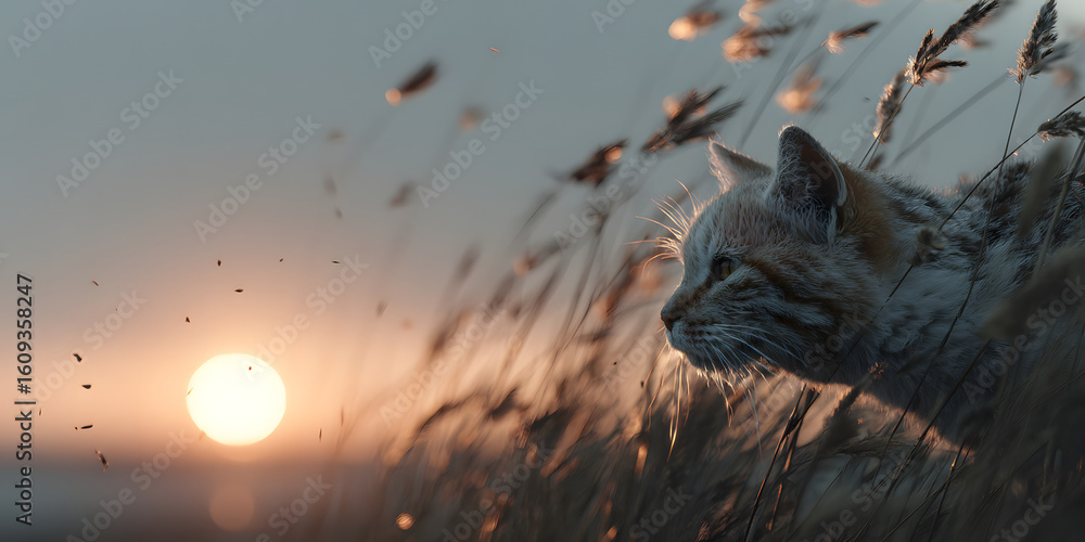 Obraz premium Sunrise Cat Contemplation: A serene cat, nestled within a field of tall grass, gazes upon the sun as it rises, creating a moment of peaceful contemplation and natural beauty.