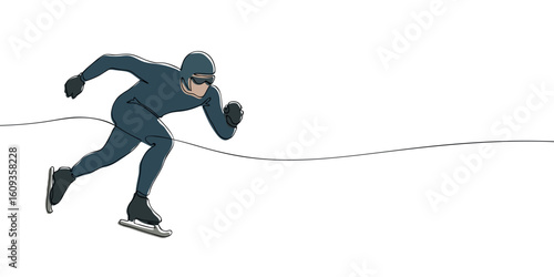 One line colored drawing of a speed skater in racing suit and helmet on ice. Minimalist linear illustration. Winter sports and games concept.