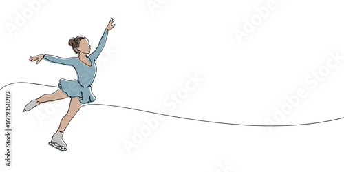 Continuous line colored drawing of a female figure skater performing on ice in a blue dress. Minimalist linear illustration. Winter sports and games concept.