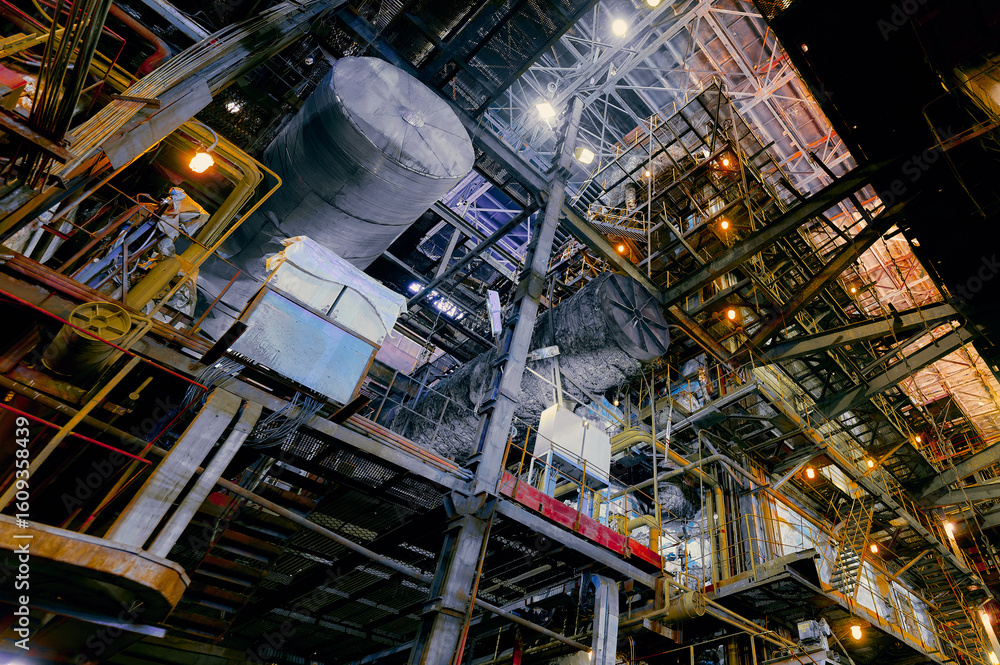 Fototapeta premium Industrial factory interior with machinery and workers during daytime operations in a large production facility