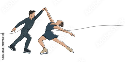 One line colored drawing of a pair figure skaters performing on ice. Minimalist linear illustration. Winter sports, dance, and Olympic games concept.