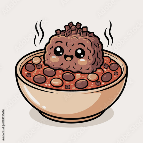 Cute Meatball in Chili Bowl Illustration