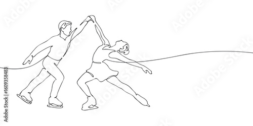 Pair of figure skaters performing dance pose drawn in single continuous line. Minimalist vector illustration on white background. Winter sports and Olympic games concept for design and print.