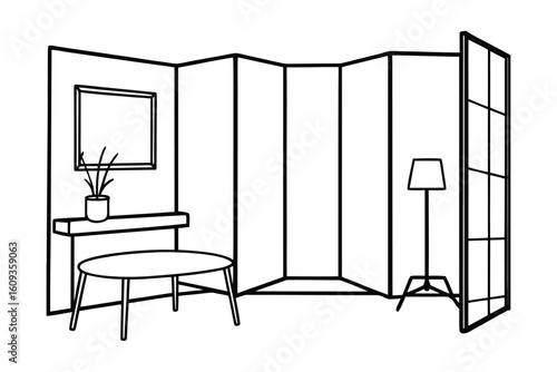 Room With Folded Screen Divider And Sleek Furniture