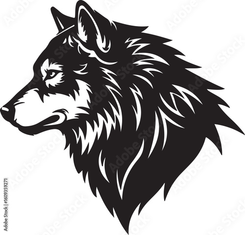 Striking Silhouette of a Wolf's Head Fiercely Facing Left A Bold Monochromatic Animal Emblem