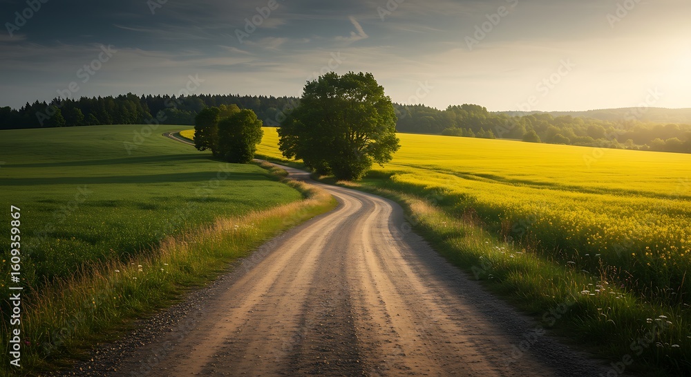Fototapeta premium Winding Country Road Through Fields of Yellow Flowers at Sunrise