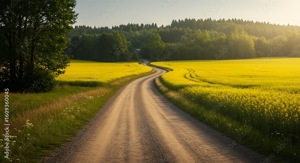 Obraz premium Winding Dirt Road Through Yellow Field on a Sunny Day