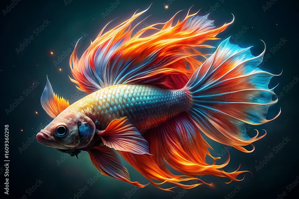 Fototapeta premium Vibrant betta fish with flowing fins displaying a spectrum of fiery orange blue and yellow hues in dark water
