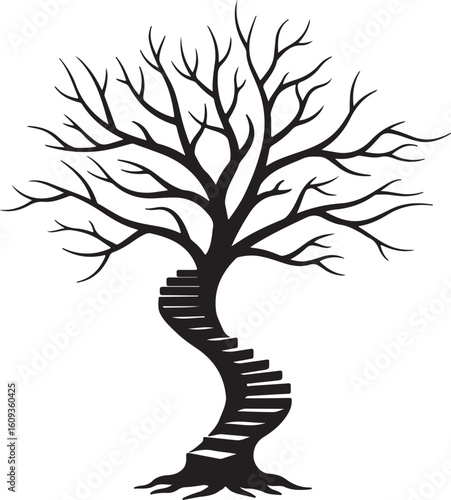 Symbolic Tree of Life Silhouette with Winding Staircase Ascending, Representing Growth, Transformation, and Journey with Bare Branches Against White Background