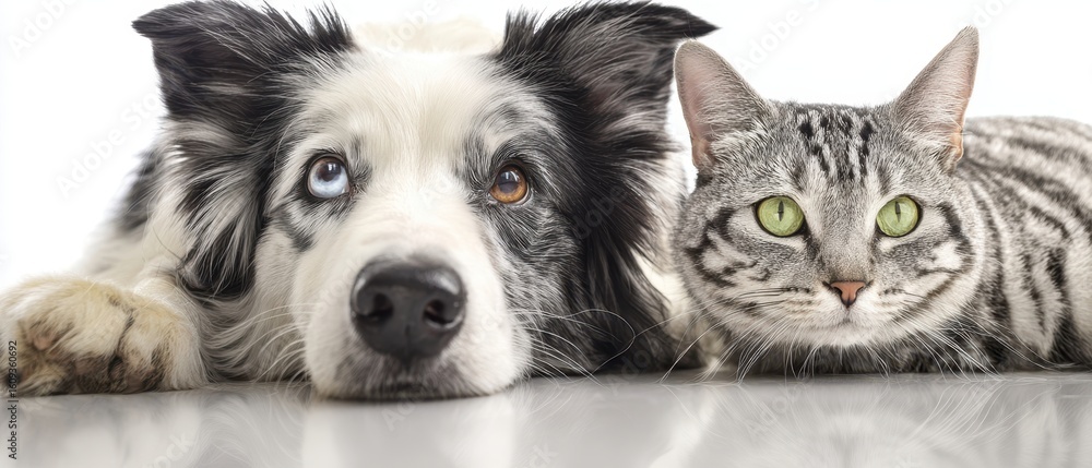 Obraz premium The adorable friendship between a dog and a cat lying together peacefully.
