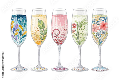 set of watercolor Champagne Glasses vector illustration isolated on white background