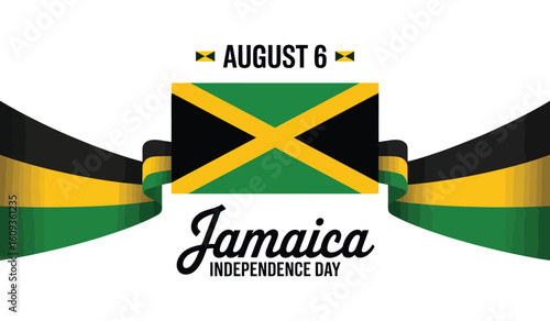 Jamaica Independence Day August 6 poster with central national flag, black-green-yellow ribbon elements, and greeting typography in bold layout