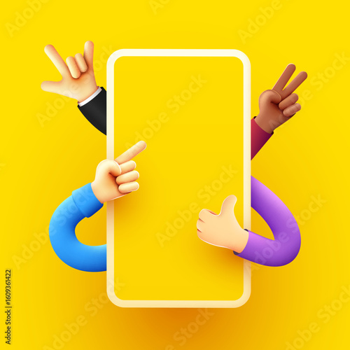 Smartphone with cartoon funny hands. Social media and communication concept. Vector illustration