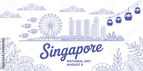 Singapore National Day August 9 tribute featuring Marina Bay Sands, Singapore Flyer, cable cars, tropical flora, and bold celebratory text