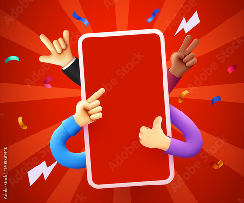 Smartphone with cartoon funny hands. Social media and communication concept. Vector illustration