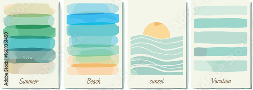 Watercolor abstract backgrounds, vector , beach, sunset, sea. Set of creative minimalist hand painted illustrations for wall decoration. 