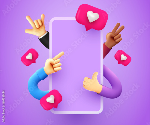 Smartphone with cartoon funny hands. Social media and communication concept. Vector illustration