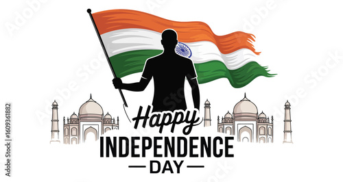 India Independence Day illustration with silhouette holding national flag, Taj Mahal backdrop, and “Happy Independence Day” text