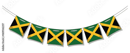 Jamaica Independence Day garland with five evenly spaced national flags hanging on a line against white background in minimal festive style