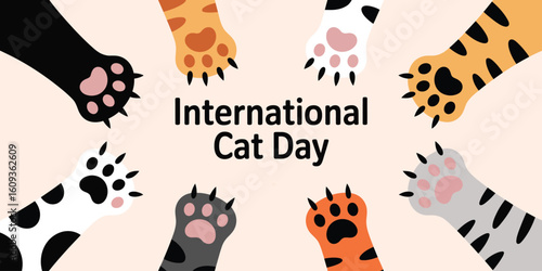 International Cat Day circle featuring multi-colored cat paws with patterns arranged around center greeting on a clean white background