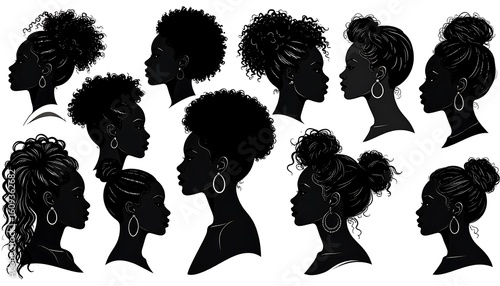 Profile silhouettes of diverse Black women, showcasing various hairstyles