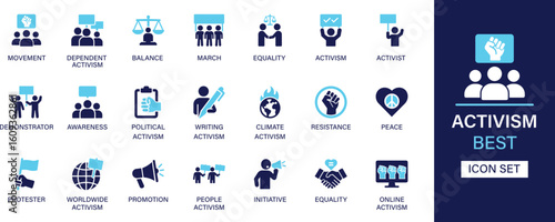 Activism icon set collection. Movement, dependent, balance, march, equality, activist, demonstrator, awareness, pollical, writing, climate and best solid icon set.