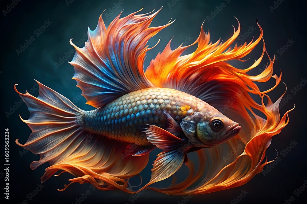 Fototapeta premium Majestic betta fish with fiery orange and blue fins dances gracefully in dark aquatic depths