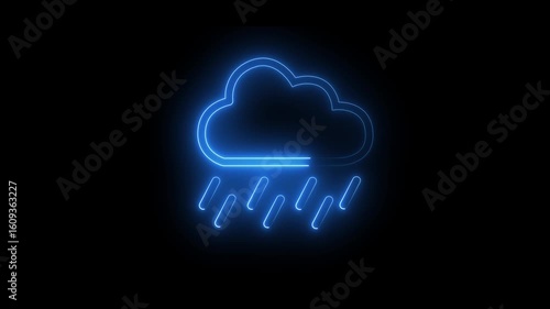 Animated Glowing Neon Rain Icon .Neon Rain Drop Icon . Futuristic Weather Symbol with Falling Raindrops for Digital Forecast Interfaces, Climate Apps, and UI Design