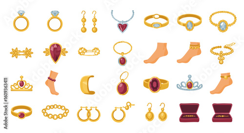 Classic women’s jewelry flat icon set, 15 items