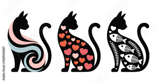 Three stylized cat silhouettes with unique decorative patterns—pastel swirls, heart motifs, and fish skeletons—on a clean white background