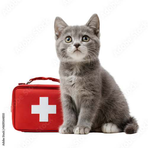 Grey Kitten Near First Aid Kit Pet Care Safety