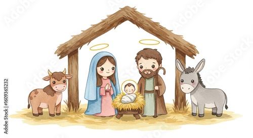 Holy family with newborn baby Jesus Christ in a manger stable. Christmas nativity scene with Mary, Joseph, cow and donkey.