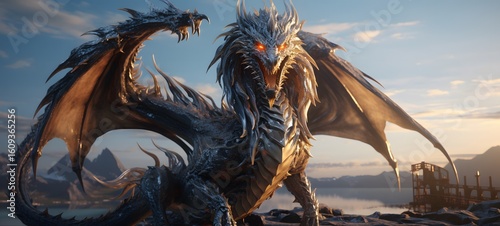 lake dragon Wireframe, mozaic art,, Generative ai