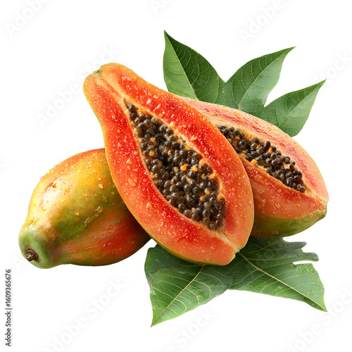 Juicy ripe papaya halves with green leaves on black background
