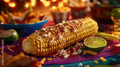 Corn on cob, seasoned, lies on cloth, surrounded by food
