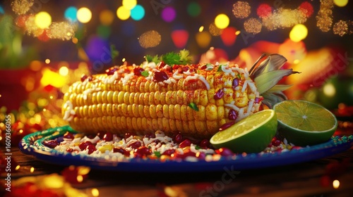 Corn on a blue plate with lime wedges and scattered spices, bokeh background