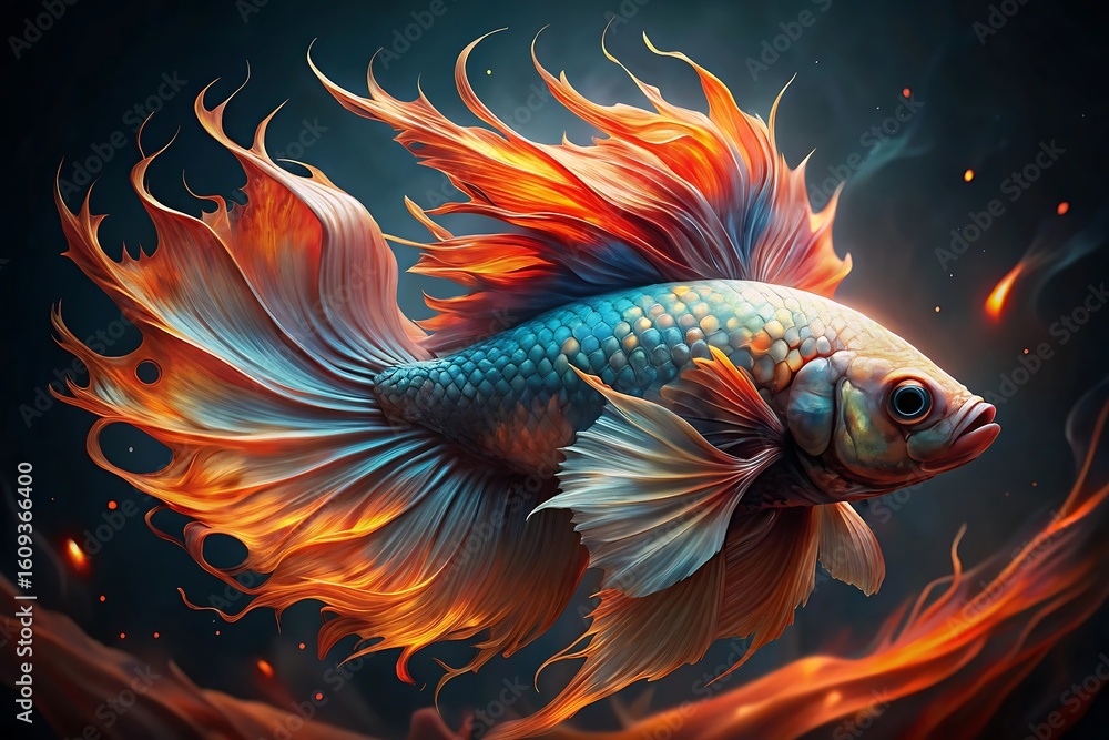 Fototapeta premium Vibrant betta fish with fiery fins and iridescent scales swimming in dark bubbling waters