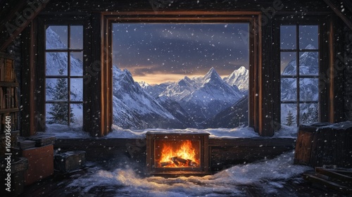 Cozy attic room with large windows showcasing a snowy mountain range at sunset, a crackling fireplace providing warmth amidst falling snow