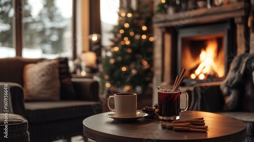 Cozy holiday scene with fireplace, drinks, armchair, and festive tree lights
