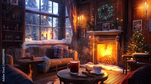 Cozy interior, fireplace blazing, snowy vista outside