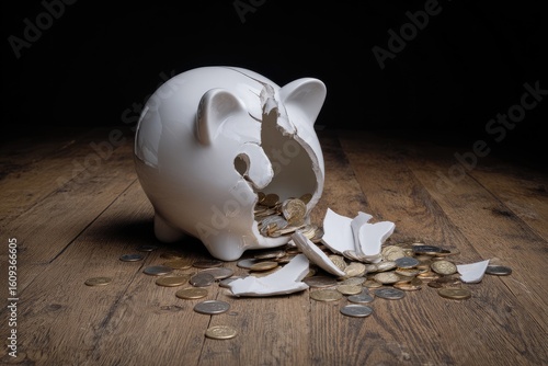 Wallpaper Mural Broken piggy bank with coins scattered on wooden floor Torontodigital.ca
