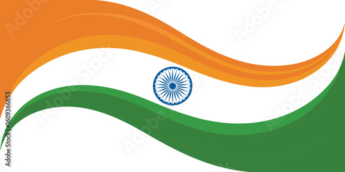 India Independence Day tribute with flowing tricolor flag waves, central Ashoka Chakra symbol, and abstract design symbolizing pride and unity