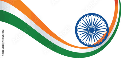 India Independence Day tribute with stylized tricolor flag waves and prominent Ashoka Chakra symbol, representing values, pride, and unity